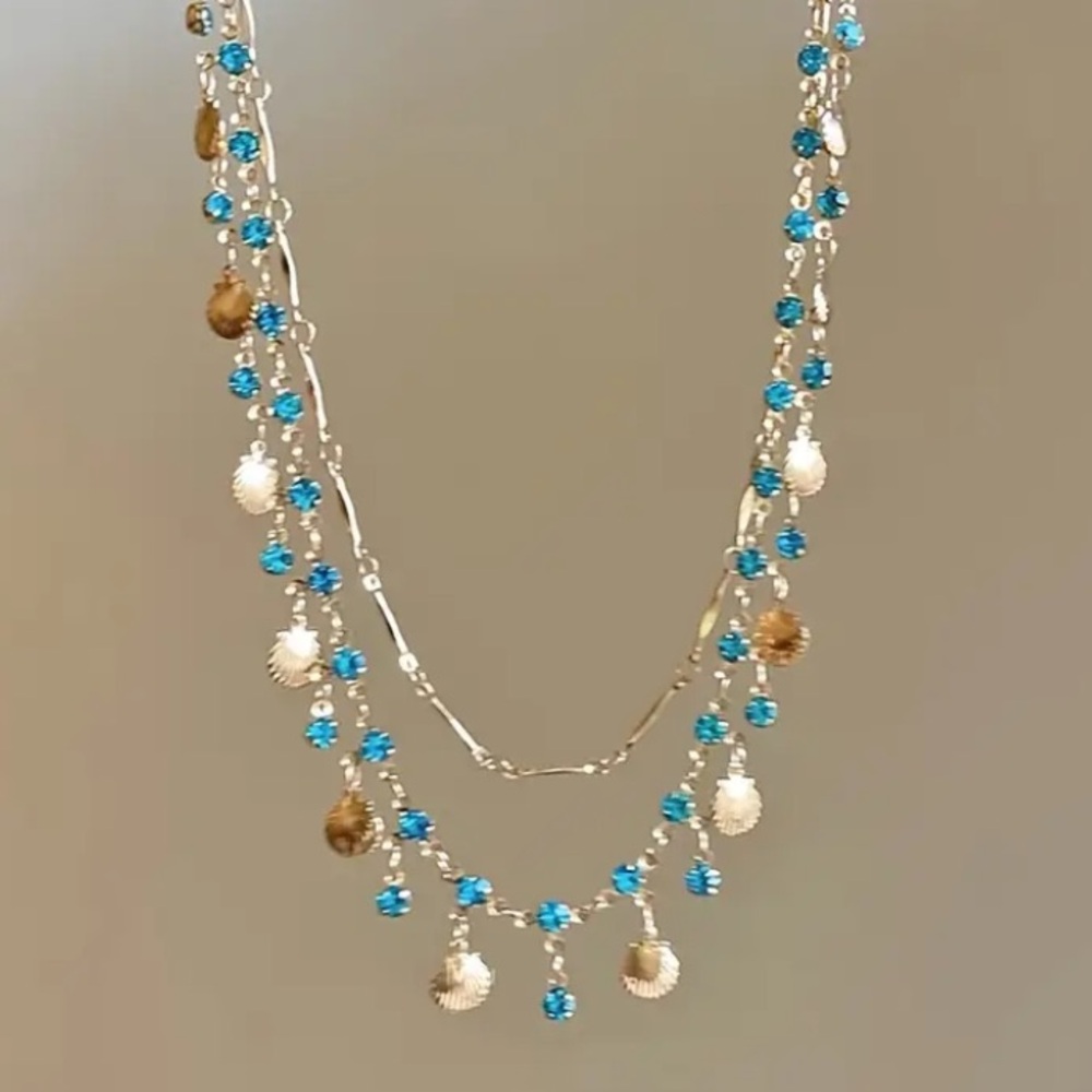 Blue Crystal & Shell Gold Toned Necklace & Bracelet Set - Picture 2 of 5